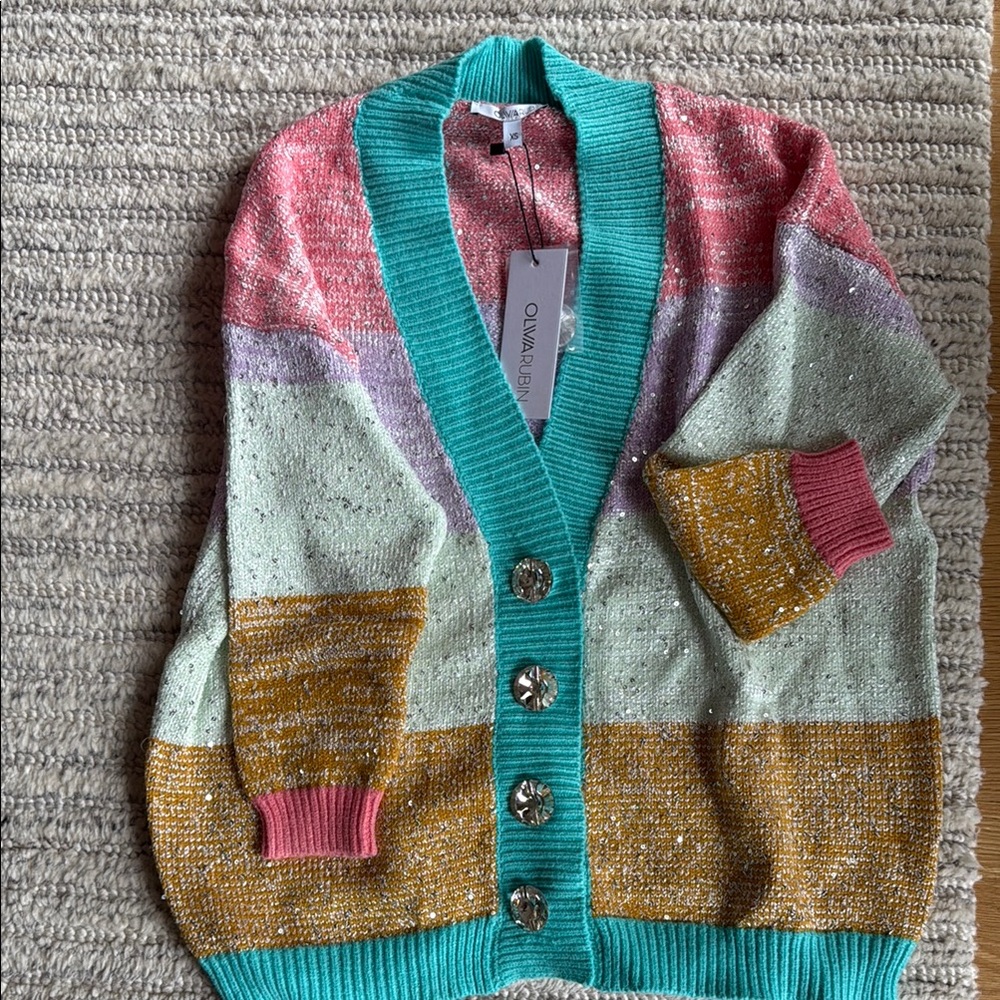 NWT NEW OLIVIA RUBIN Pink and Teal Cardigan Sweater